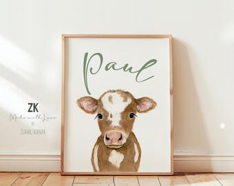 Baby Cow Watercolor Print, Farm Nursery Animal Art