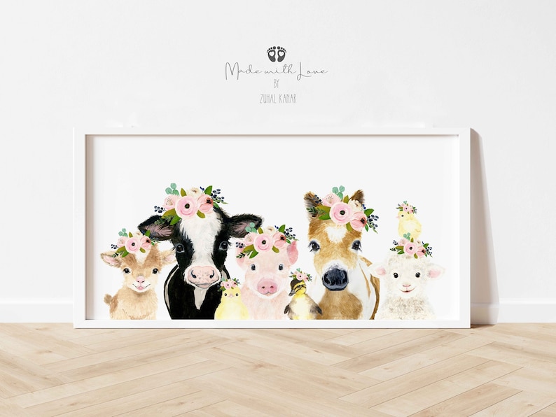 May include: A watercolor illustration of a group of farm animals wearing flower crowns. The animals include a cow, a pig, a goat, a horse, and a lamb. The background is white.