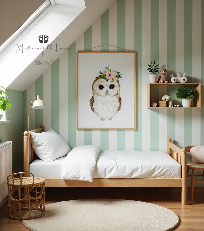 Eulenmalerei in Aquarell Optik, Eulenmalerei, Eulenmalerei, Blumenkinderzimmer, Babyparty-Dekor, Mädchen-Enkelgeschenk Bild 7