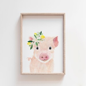May include: A watercolor painting of a pig wearing a flower crown with white flowers and yellow lemons. The pig is pink and has a sweet expression.