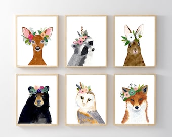 Flower crown animals, Woodland animals print set, Set of 6 Prints, racoon, owl, fox, deer, rabbit, bear, nursery art, nursery prints, floral