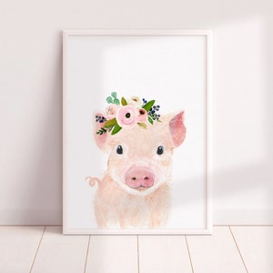 Farm Nursery decor, Nursery  pig painting, nursery art, farm nursery wall art, nursery farm animals, flower crown pig, Farm baby shower gift