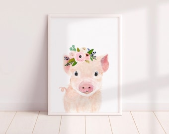 Farm Nursery decor, Nursery  pig painting, nursery art, farm nursery wall art, nursery farm animals, flower crown pig, Farm baby shower gift