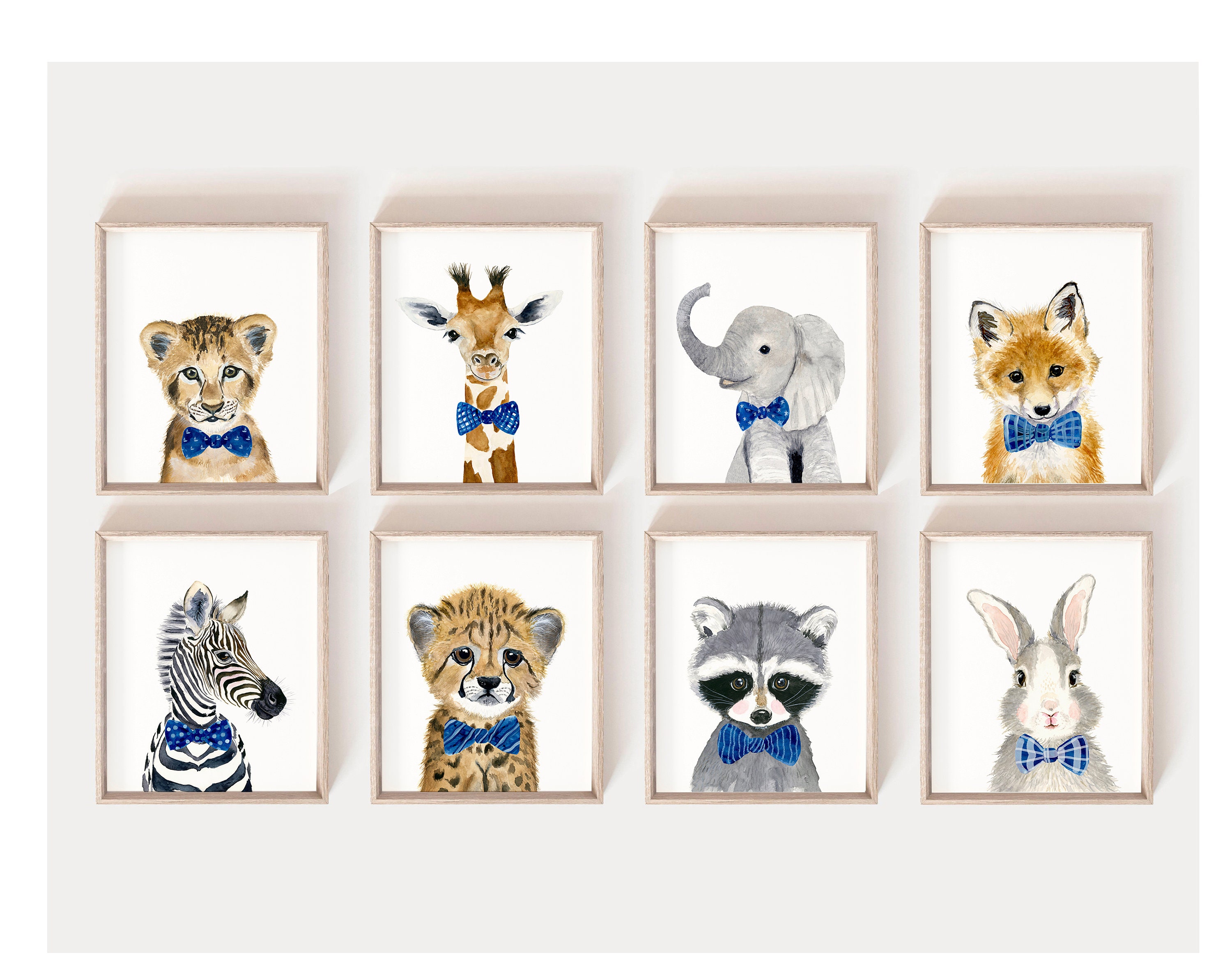 Baby Animal prints Nursery Print Set 8 Safari Nursery Art Prints Bow Tie Animals Baby boy nursery decor boy baby shower decor