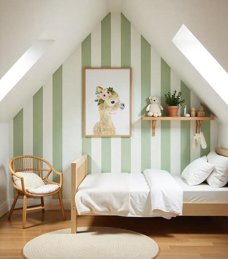 Pu&ograve; includere: Un letto bianco con un piumone e cuscini bianchi in una stanza con pareti a strisce verdi e bianche. Una sedia in vimini con un cuscino bianco si trova nell'angolo della stanza. Una stampa incorniciata di un lama con una corona di fiori &egrave; appesa al muro. Uno scaffale in legno con un orsacchiotto e una pianta in vaso si trova sul muro.