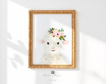 Lámina infantil de cordero, animal de granja bebé, decoración de casa de campo, decoración de habitación infantil, póster de dormitorio de granja, arte mural de ovejas
