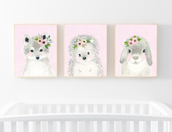 Woodland Nursery Set Animal Paintings Hedgehog Rabbit Fox Etsy
