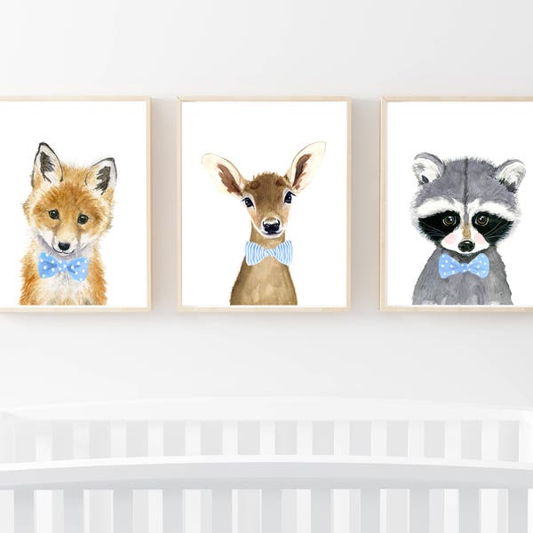 Woodland babies, Set of 3 Prints, Animal Paintings, deert, fox, raccoon, moose, baby shower, Childrens Wall Decor, Nursery, Kids Art Print