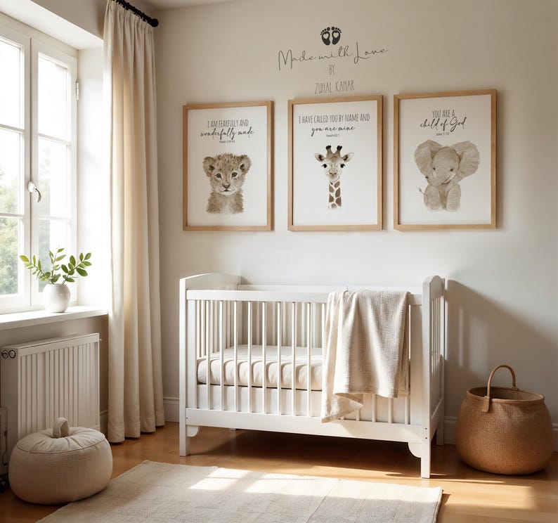 Safari Nursery Prints Set, Baby Animal Watercolor, Bible Verse Art image 3