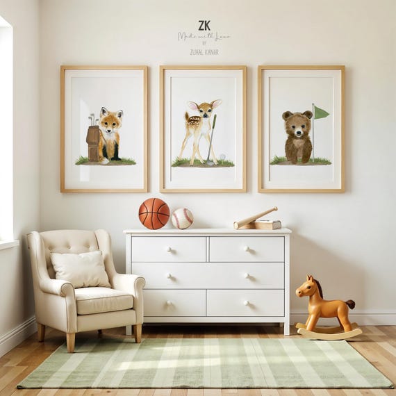 Woodland Animals Golf Nursery Prints, Baby Animals Sports Art