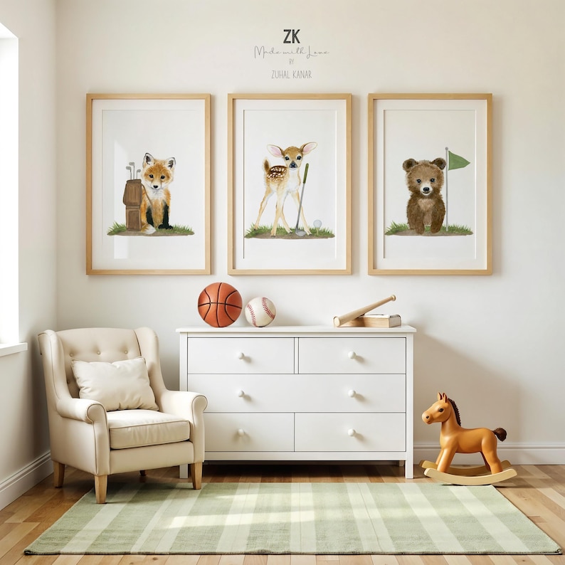 Woodland Animals Golf Nursery Prints, Baby Animals Sports Art image 1