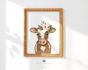 Estampado de ternero con corona de flores, decoración infantil de estilo rústico en acuarela.