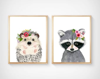 Little friends nursery set, Forest babies, Set of 2 Prints, hedgehog, raccoon, baby animals art, Childrens Wall Decor, Nursery