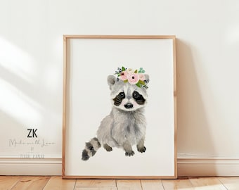 Waschbär Aquarell Druck, Waldtier Kinderzimmer Dekoration