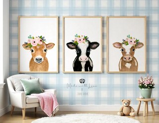 Quadro Decorativo Mucca Con Fiori Di Campo - Arte Murale Rustica Su Legno, 30x30 Cm, Stampe Animali Per Soggiorno E Camera Degli Ospiti