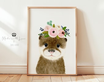 Otter Print, Nursery Animal Print, Otter Wall Art Poster, Woodlands Nursery Decor, Nursery gift, Baby Animals Print, Woodland Animal Art