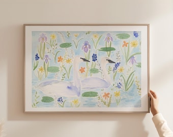 Watercolor Swan Print, Floral Nursery Wall Art