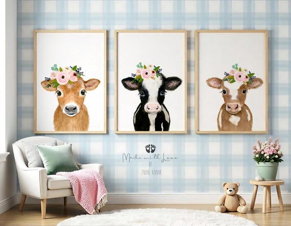 Farm nursery decor, Nursery print farm animal print cow painting  Nursery Animal print Farm baby shower decor Nursery wall art flower crown