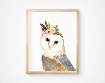 水彩フクロウ、フクロウの絵画、森の保育園、動物の絵画、フクロウの