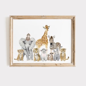 Lámina panorámica para habitación infantil, arte de animales de safari, acuarela de animales de safari, decoración de habitación de bebé neutra en la jungla, lámina de safari para habitación infantil