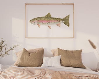 ニジマスの絵画、水彩画ニジマスのプリント、釣りアートプリント、湖畔