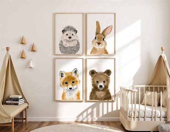 Woodland Animal Nursery Prints, Watercolor Set of 4