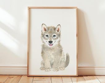 Wolf kwekerij print, boswolf decor, baby wolf schilderijen, wolvenwelp kwekerij cadeau jongen, bosrijke kwekerij wanddecoratie, wolf kunst wand decor