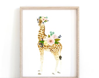 Impression florale de bébé girafe, décoration de chambre de bébé girafe, peintures animalières, animal aquarelle, girafe, chambre de bébé girafe, art de la chambre d'enfant