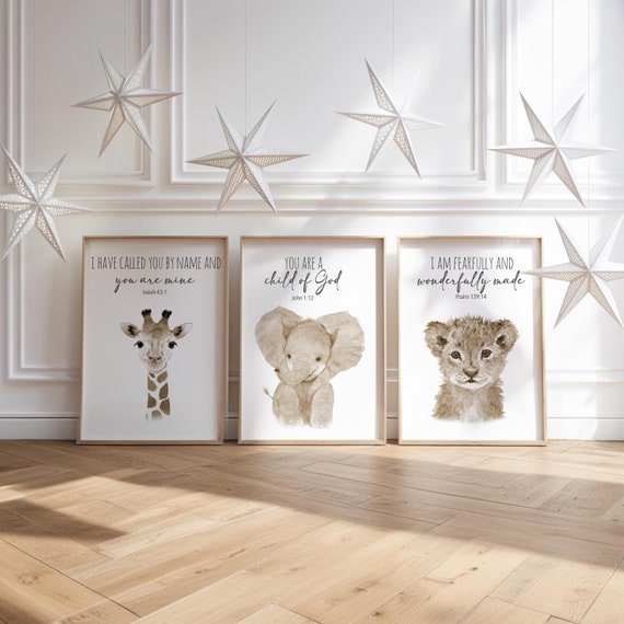 Safari Bible Verse Nursery, Safari Nursery Prints set of 3 Prints Safari Nursery Decor, Elephant Giraffe Neutral Nursery  Bible Verse Print