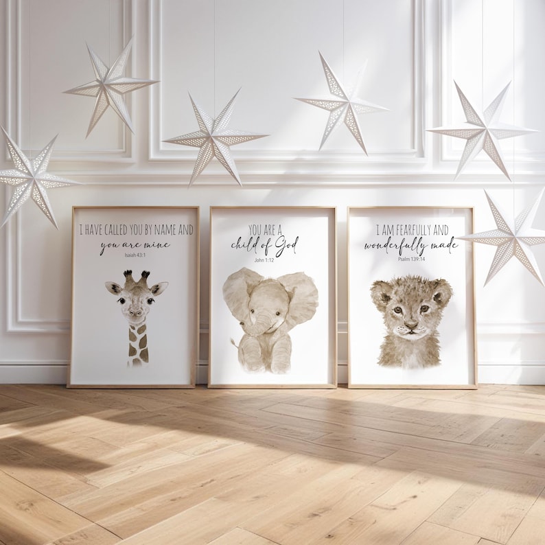 Safari Nursery Prints Set, Baby Animal Watercolor, Bible Verse Art image 1