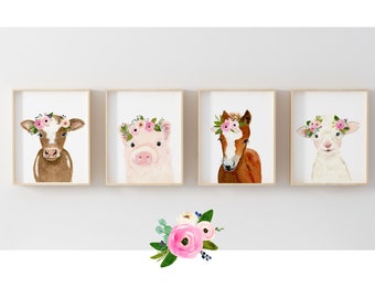 Farm babies set of 4 prints, Animal Paintings,calf, piglet, foal,lamb ,baby shower gift, nursery, Nursery prints, Kids wall art