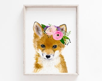 Floral baby fox, Watercolor fox, Woodland Nursery Art, Animal art, Fox cub, Animal Wall Art, Childrens Wall Decor, Kids poster, fox painting