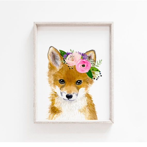 Download Floral Baby Fox Watercolor Fox Woodland Nursery Art Animal Etsy