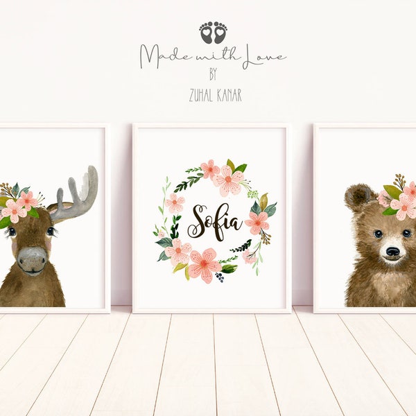 Woodland nursery prints girl Woodland nursery decor woodland baby shower girl  nursery wall art  animal print set flower crown animal art