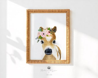 Aquarel veulenprint, gebloemde paardenkunst, decor meisjeskamer