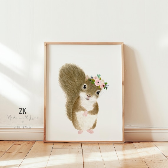 水彩画の花柄リスのプリント、保育園の森の装飾 - Etsy 日本