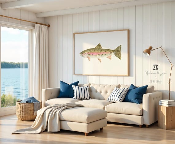 ニジマスの絵画、水彩画ニジマスのプリント、釣りアートプリント、湖畔