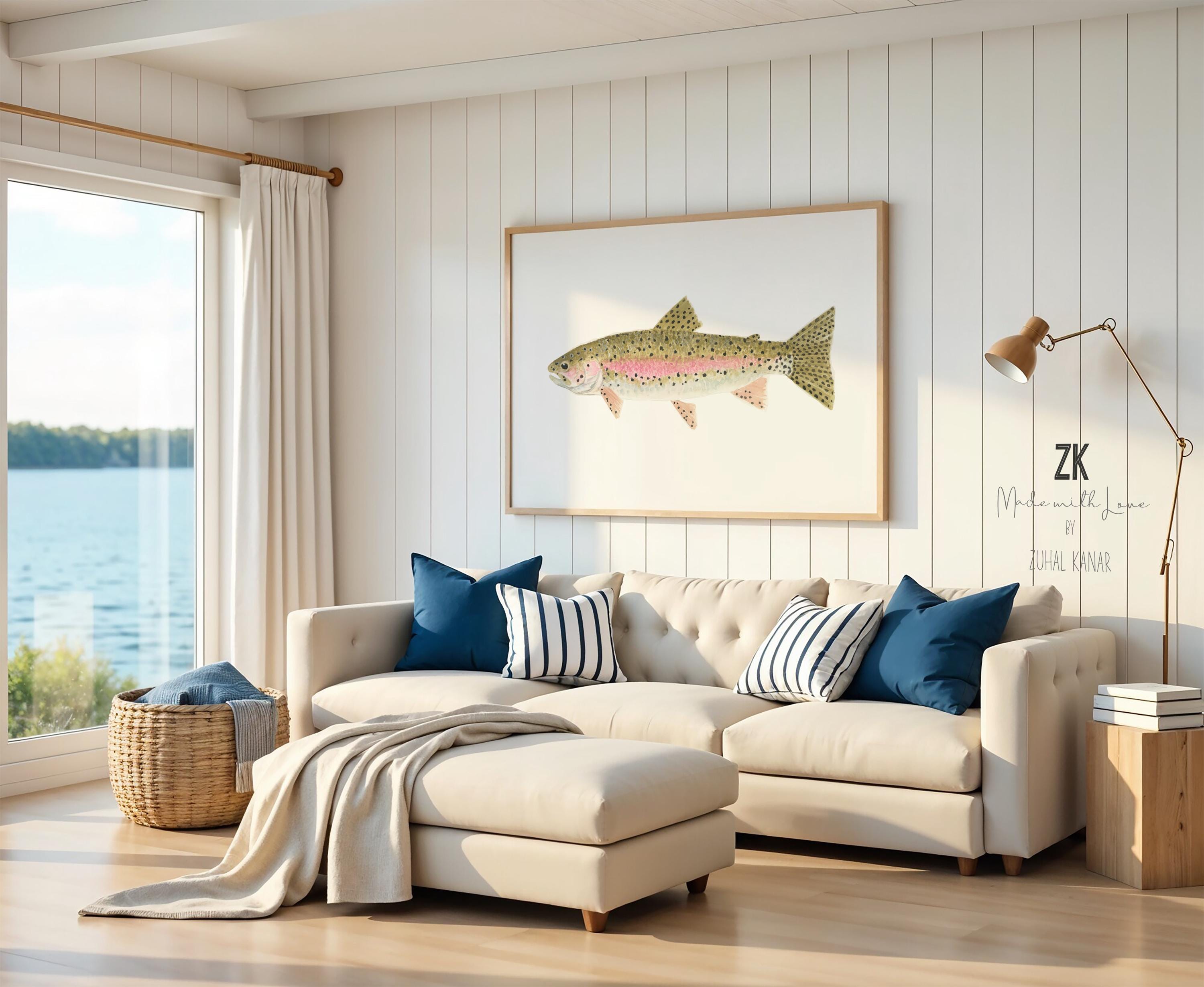 ニジマスの絵画、水彩画ニジマスのプリント、釣りアートプリント、湖畔