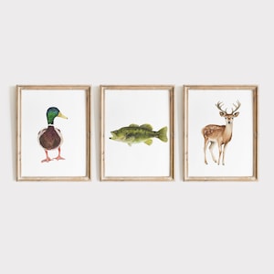 Aquarell Fischen Jagd Art Set, Fischen Art Print, Kinderzimmer Jagddrucke Reh, Kinderzimmer Bass Fisch, Fischdekor, Stockente Ente, Rehdruck