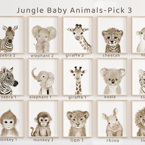 May include: A set of 15 printable images featuring baby jungle animals in sepia tones. The animals include a zebra, elephant, giraffe, cheetah, hippo, koala, tiger, monkey, lion, and rhino. The images are perfect for a nursery or children's room.