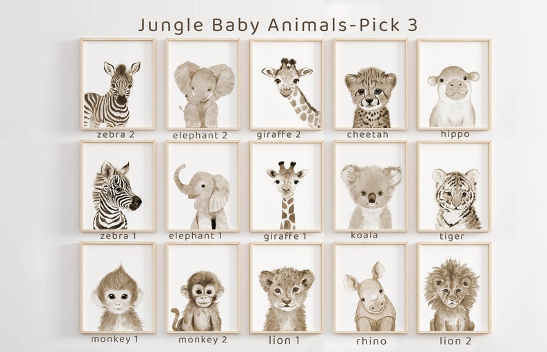 May include: A set of 15 printable images featuring baby jungle animals in sepia tones. The animals include a zebra, elephant, giraffe, cheetah, hippo, koala, tiger, monkey, lion, and rhino. The images are perfect for a nursery or children's room.