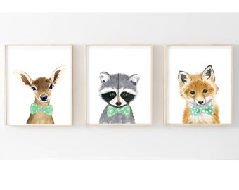 Woodland nursery prints Set of 3 Prints Nursery Decor, Animal Paintings, Fox,deer, raccoon, neutral nursery, baby boy  Nursery art