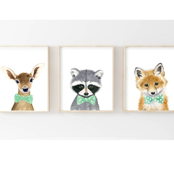 Woodland nursery prints Set of 3 Prints Nursery Decor, Animal Paintings, Fox,deer, raccoon, neutral nursery, baby boy  Nursery art