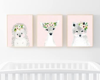 Woodland nursery set, Animal Paintings, hedgehog, rabbit, fox, watercolor animal, woodland, kids poster, hedgehog painting, nursery art