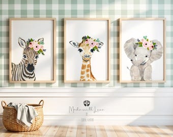 Safari Nursery Decor Animal Nursery Prints Girl nursery wall art elephant Nursery giraffe print Safari baby shower decor Flower crown animal