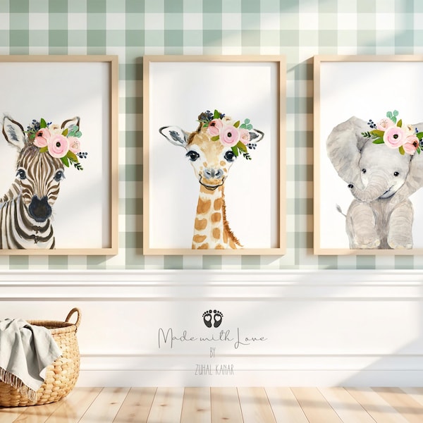Safari kinderkamer decor dierenkwekerij wordt afgedrukt meisje kinderkamer kunst aan de muur olifant kinderkamer giraffe print safari babyshower decor bloem kroon dier