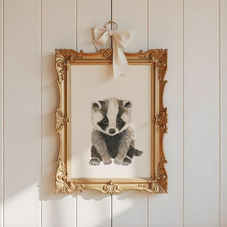 Op de afbeelding: Een aquarel van een das in een gouden, sierlijke lijst. De das zit en kijkt naar de kijker. Het schilderij hangt aan een witte muur met een wit lint dat aan de bovenkant van de lijst hangt.