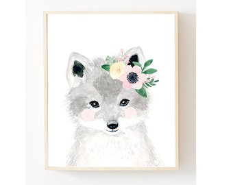 Watercolor fox in grey tones, Woodland nursery, Animal Paintings, fox cub, Bear, Deer, watercolor animal, kids posters, prints, woodland