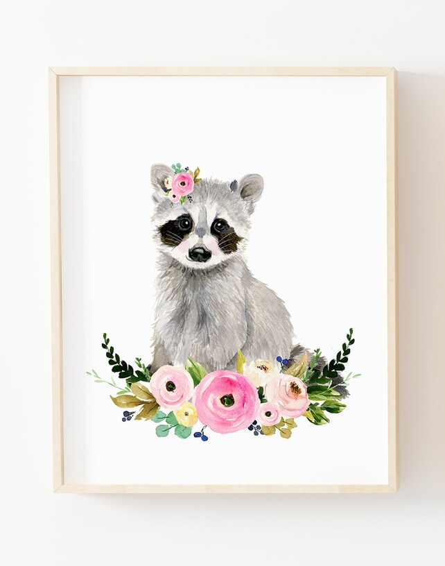 Watercolor raccoon Baby raccoon Woodland nursery Floral | Etsy