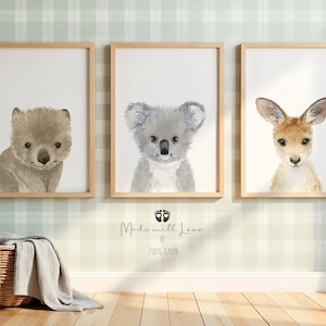 Aussie Nursery Prints, Australian Native Animals Art, gender neutral wall art, nursery prints, nursery gift, koala, wombat, kangaroo art
